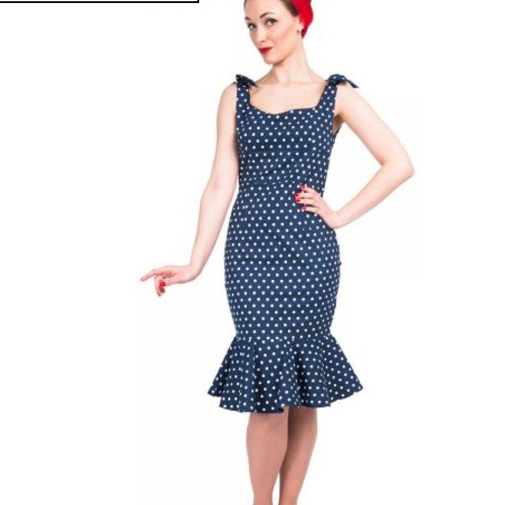 Ariel wiggle dress blue and white polka dot NWOT